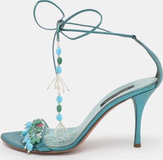 Sergio Rossi Metallic Green Leather Stone Embellished Ankle Strap Sandals