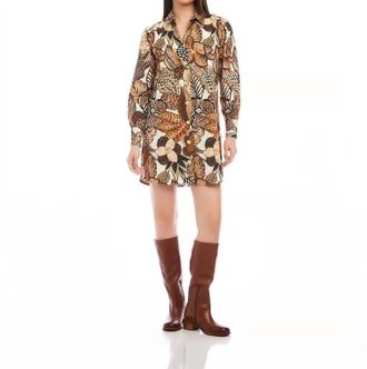 Karen Kane Perry Print Blouson Sleeve Mini Shirtdress In Brown Black And White