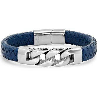 HMY Jewelry Mens Stainless Steel Link Blue Braided Leather Bracelet in Blue-Yellow at Nordstrom Rack
