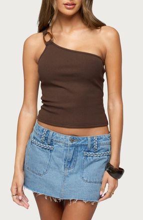Edikted Calista O-Ring One-Shoulder Rib Crop Top in Brown at Nordstrom, Size X-Large