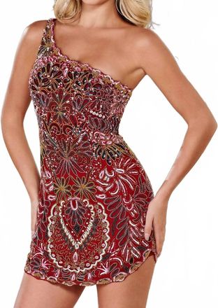 Rachel Allan Bead Print Short One Shoulder Dress In Burgundy