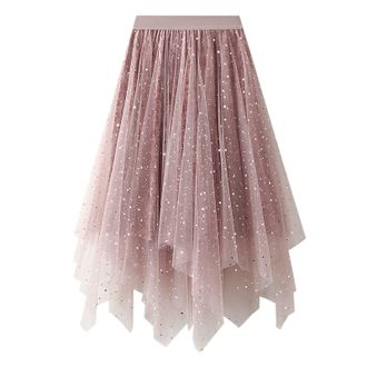 Generic Glitter Skirts Carnival Womens A Line Fairy Elastic Waist Midi Skirt High Waist Skirts Mesh Dress Solid Color Irregular Yarn Skirt(One Size) Pink