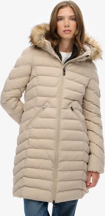 Superdry Steppjacke SUPERDRY FUJI FAUX FUR HOOD MID LENGTH, Damen, Gr. XXL, chateau grau, Web, Obermaterial: 100% Polyester, unifarben, slim fit, Jacken Steppj