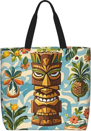 Generic Vintage Tiki Pattern Tote Bag Foldable Shopping Bag Durable Shoulder Bags For Daily Use Picnic College