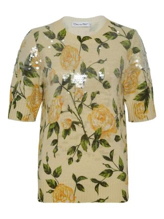 Oscar De La Renta English Rose-print sequin-embellished sweater - women - Fabric - M - Yellow