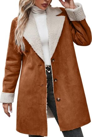 Generic Womens Winter Sherpa Lined Faux Suede Leather Jacket Oversized Notch Lapel Mid Long Overcoat (Coffee,XL)