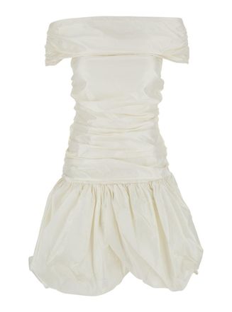 Rotate White Off-Shoulder Mini Dress With Gathered Design In Silk Woman