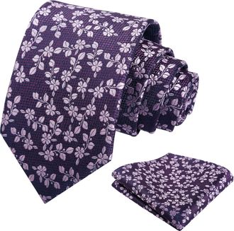 Alizeal Mens 8cm Floral Patterned Necktie and Pocket Square Elegant Classic Tie Set, Dark Purple