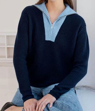 Autumn Cashmere 2-Tone Shaker Stitch Half Zip Mock Sweater In Navy/heather