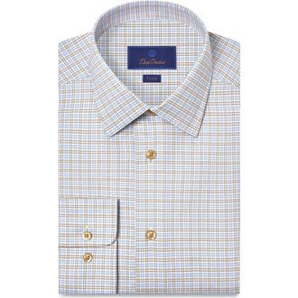 David Donahue Trim Fit Check Cotton Twill Dress Shirt in Blue/Chocolate at Nordstrom, Size 16.5 - 32