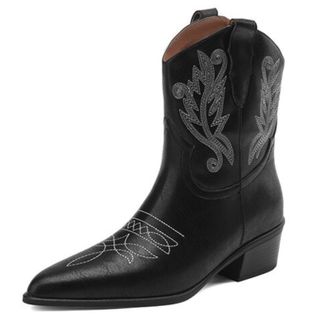 Generic Womens Mid-Calf PU Leather Cowboy Boots Metallic Embroidery Pull Tab Pointed Toe Low Block Heels Slip On Soft Lining Durable Outsole,Black,3.5 UK