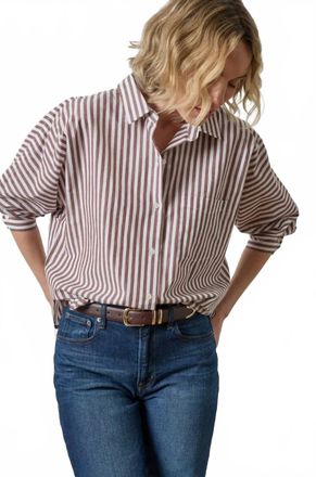 Lilla P Dolman Sleeve Button Down Shirt In Chestnut Stripe