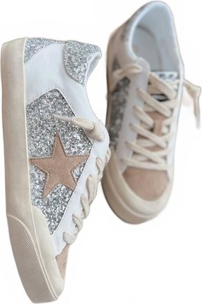 Mi.iM Womens Lace-Up Glitter Leather Star Sneakers In Taupe