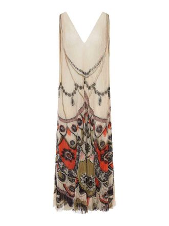 La DoubleJ Long Pleated Dress With Ornamental Print