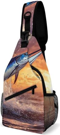 Generic Marlin Fish Sunset Mens Print Crossbody Large Sling Backpack Casual Chest Bag Gift for Traveling Hiking Workout