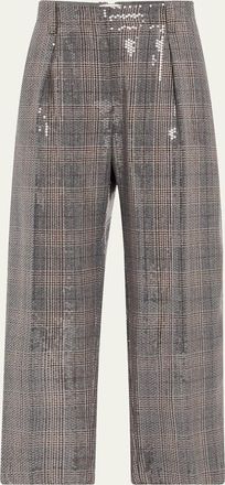 Brunello Cucinelli Glam Check Sequined Pleated Crop Trousers