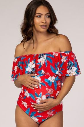 Pinkblush Ruffle Trim Ruched One-Piece Maternity Swimsuit in Red at Nordstrom, Size Medium