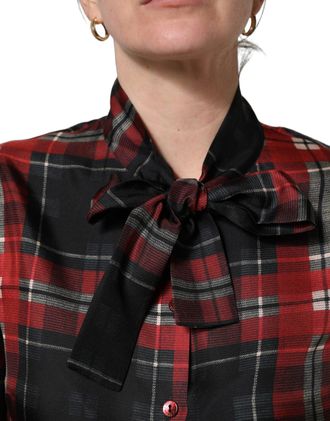 Dolce & Gabbana Womens Red Black Plaid Silk Tie-Neck Blouse Top And