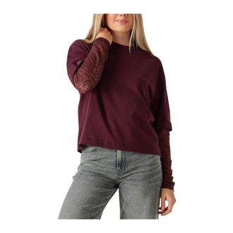 Catwalk Junkie Tops, Dames, Rood, M, Katoen, Loose Fit T-shirt met kanten mouwen