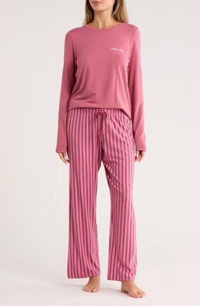 Calvin Klein Logo Long Pajamas in Rose Wine/Stripe at Nordstrom Rack, Size Medium