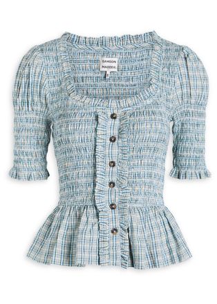 Damson Madder Mansi Checked Shirred Cotton Blouse - Blue - 16 (UK16 / XL)