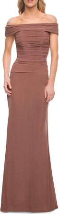 La Femme Ruched Off the Shoulder Net Jersey Evening Dress in Cocoa at Nordstrom, Size 10