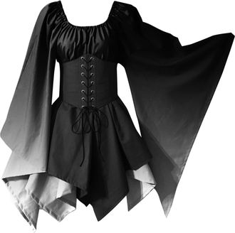 Generic Medieval Costumes for Women Flare Sleeve Corset Halloween Short Dress Steampunk Gothic Mini Dress Renaissance Maxi Dress Euffle Frill Hem Lace Up Wais