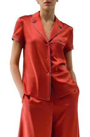 LilySilk Lsxes Contrast-Trimmed Silk Shirt in Brick Red at Nordstrom, Size X-Small