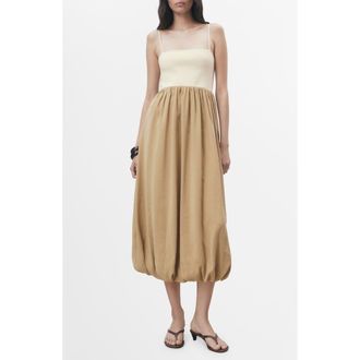 Mango Mixed Media Bubble Hem Midi Dress in Medium Brown at Nordstrom Rack, Size 6