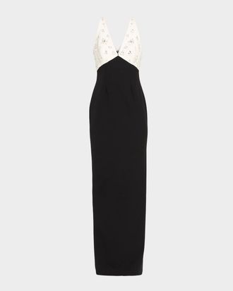 Pamella Roland Crystal Colorblock Crepe Column Gown