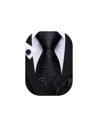 Barry.Wang Black Paisley Tie Mens Silk Necktie Pocket Square Cufflinks Set Formal Wedding Party