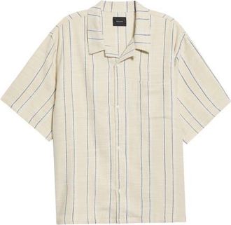 PacSun Lisbon Stripe Cotton Slub Camp Shirt in Taupe at Nordstrom, Size X-Large