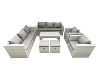 Fimous Outdoor Garden Furniture Rattan Sofa Set with 2 Armchairs Oblong Coffee Table 2 Small Footstools Light Grey Mixed