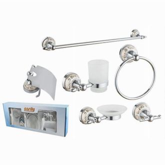 Trade Shop Trade Shop - Set De Ba&ntilde;o 6pzs Acero Cristal Cer&aacute;mica Decoraciones Dorada Portarollos 52436