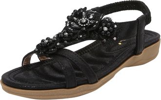 Generic Cocila Comfy Sandals For Women Uk Fashion Beaded Decorative Open Toe Casual Comfortable Non Large Elastic Beach Black, 7 Ladies Slingback Shoes Flat W