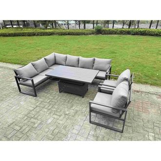 Fimous 7 Piece 8 Seater Aluminum Corner Sofa Set with Lifting Table & Chair in Dark Grey