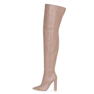 Generic Beige,8.5 UK,Womens Leather PU Thigh High Boots Pointy Toe Side Zippe Fashion Comfy Stiletto High Heel Over The Knee Boot Fall Winter Dress Shoes
