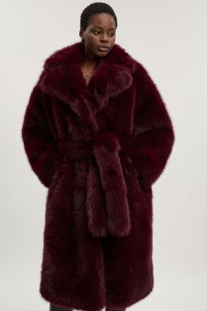 Karen Millen Womens Textured Faux Fur Belted Long Full collar Coat - Burgundy - Size 10 UK