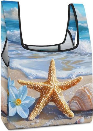 Generic Ocean Waves Shells And Starfish Shopping Bag Reusable Grocery Tote Bag Foldable Handbag for Travel Picnic