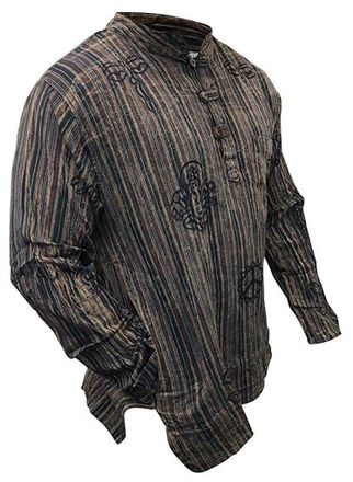 Shopoholic Fashion Unisex Stonewashed Striped Light Weight Hippy Grandad Shirt, Brown, 2XL