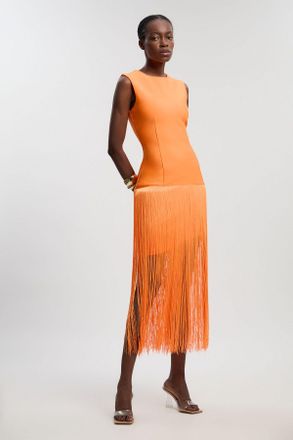 Karen Millen Womens Petite Figure Form Bandage Tassel Hem Knitted Dress - Orange - Size 12 UK