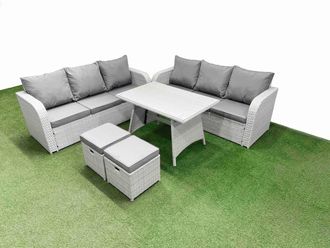 Fimous Rattan High Back Lounge Sofa Set with 3 Seater Sofa 2 Small Stool in Light Grey