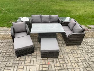 Fimous 8 Seater Outdoor Rattan Garden Furniture Set Height Adjustable Rising lifting Dining Table Love Sofa Chair With 2 Side Tables Big Footstool