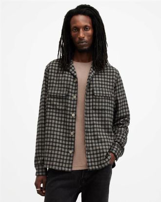 AllSaints Mens Wool/Polyester Alkame Checked Relaxed Fit Shirt, Size: XS