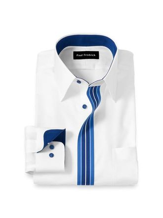 Paul Fredrick Tailored Fit Non Iron Point Collar Dress Shirt with Striped Trim in White/blue at Nordstrom, Size 16.5 - 35