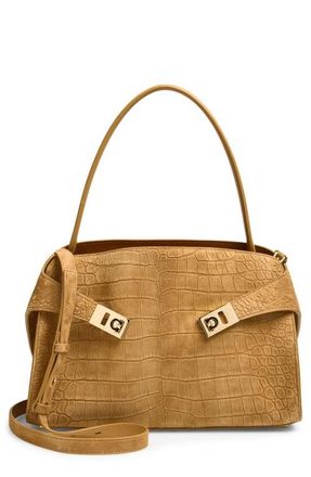 Ferragamo Hug Croc Embossed Suede Handbag in Naturale at Nordstrom