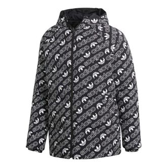 adidas originals Monogram JKT Full Print logo Reversible Stay Warm hooded down Jacket Black White DP8561