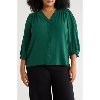 CeCe by Cynthia Steffe Ruffle Trim V-Neck Button-Up Top in Alpine Green at Nordstrom, Size 1X