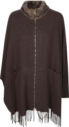 Herno Plush Fur Collar Fringed Cape