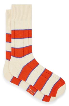 Paul Smith Stripe Rib Cotton Blend Dress Socks in Off White at Nordstrom